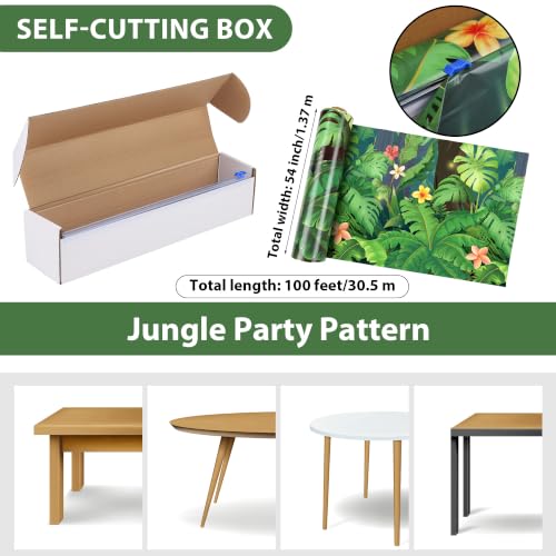 Image of Kochorie 100 Ft x 54 Inch Rainforest Party Tablecloth Roll with Cutter Box | Waterproof Plastic Jungle Table Cover for Tropical Greenery Party Supplies Decorations