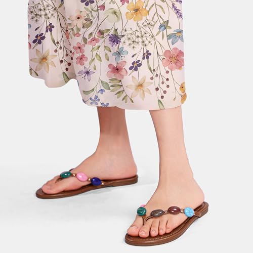 Women Jewelled Thong Strap Open Round Toe Flip Flops Comfy Slip on Flats Sandals Casual Summer Beach Slippers3