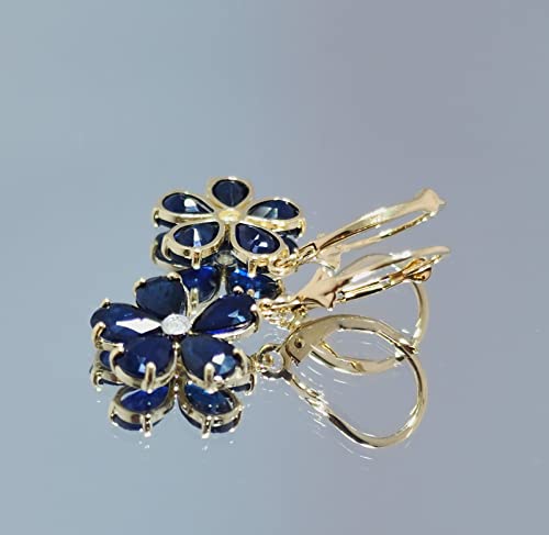 Galaxy Gold GG 14K Gold Flower Natural Blue Sapphire Dangle Earrings3