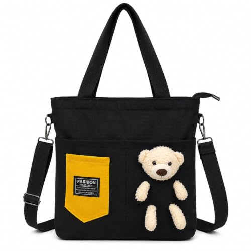 Image of BROGBUS Canvas Tote Bag for Women with Teddy Bear Charm Adjustable Sling Strap, Zipper Closure, College Travel Shopping Bag