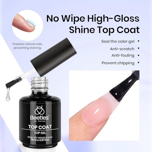 Image of Beetles 3Pcs 15ml Builder Nails Gel with No Wipe Top Coat and Base Coat Set, Nail Extension Strengthening Nail for UV LED Lamp, Soak Off Gel Nail Polish for Nail Art