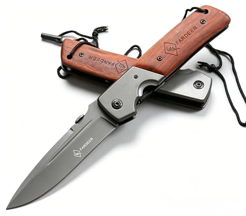 FARDEER FA52 Heavy Large Folding Knife, 5'' Folding Pocket knives for men, Walnut Handle Survival Knives, Safety Pin, Pocket Clip, Liner Lock, With clip multifunctional EDC knife