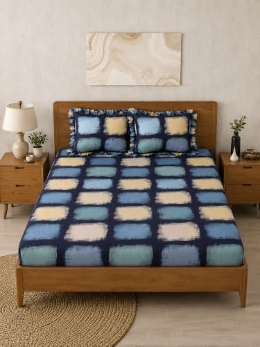 Image of 380 TC Premium Glace Cotton Elastic Fitted Bedsheet King Size with 2 Pillow Covers King Size | Double Bed with All Around Elastic (Blue Box, Fitted - 72 inchx78 inch King)