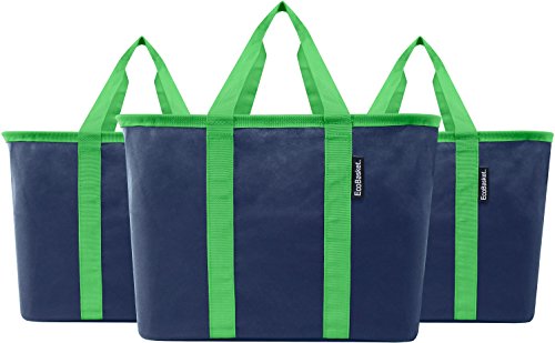 CleverMade EcoBasket 20 Liter Reusable Tote Bag with Reinforced Bottom: Collapsible Grocery Shopping Basket, Deep Blue/Kelly Green, 3 Pack