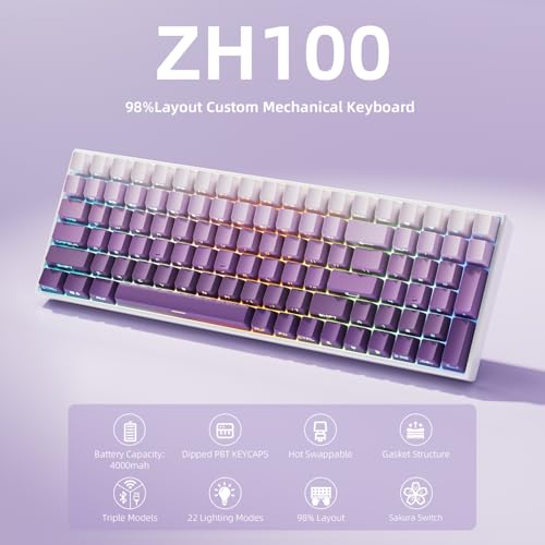 Image of ZORNHER ZH100 Wireless Mechanical Keyboard,98% Purple Creamy Keyboard with Number Pad,Full Size Gaming Keyboard,Lighted Up PBT Dipped Keycaps,Creamy Sounding Linear Switches