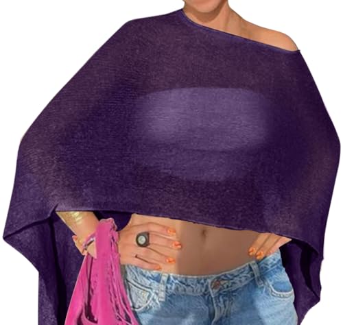 Vicarly Off The Shoulder Sheer Crochet Vacation Outfits Poncho Sweater Top Summer Beach Cover Up Women See Though Thru Festival Shawls Bolero Shrug Rave Resort Going Out Wear Swimsuit Dark Purple L