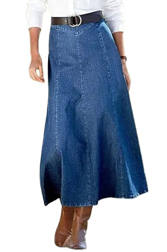 Huang's Women's Western Style Front Slit Design Wash Jean Long Denim Maxi Skirt