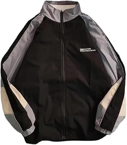 Pbkabiug Vintage Women Jackets Hip Hop Style Patchwork Windbreak Unisex Streetwear Lightweight Jackets Bomber Jackets (Black grey,M,Medium) - Thumbnail 4