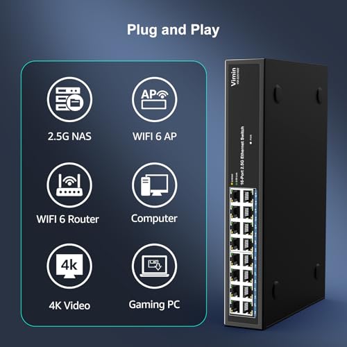 Image of Vimin 16 Port 2.5GB Unmanaged Ethernet Switch Plug & Play | 16 Port 2.5G Switch Unmanaged Compatible with 10 /100 /1000 /2500Mbps, Metal Housing, Fanless