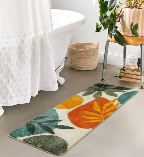 Image of Uphome Bathroom Runner Rug Colorful Abstract Leaves Long Bath Mat Non Slip Water Absorbent Boho Bath Rug Soft Microfiber Machine Washable Floor Mats for Tub Bathroom Indoor Doormat,18 inchx47 inch
