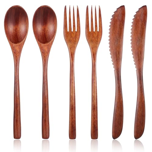 DOPENSPI 6 teiliges Holzbesteck zum Essen, Nanmu Holzgeschirr, wiederverwendbare Holzlöffel, Gabeln, Schaber, Holzbesteck-Set, Besteck-Set für den täglichen Gebrauch, Familie, Zuhause, Reisen, Camping