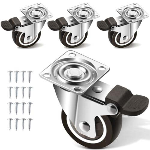 4er Set Möbelrollen 32 mm, Schwerlastrollen mit 4 Bremse, Rollen für Möbel, Transportrollen mit 60kg Gesamtkapazität, 360° Drehbar Lenkrollen, Bockrollen für Tisch, Gummirollen für Viele Bodenarten