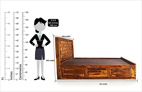 Image of Sheesham Wood Queen Size Bed with Front Opening Box Storage for Bedroom Living Room Home Hotel Wooden Double Bed Cot Palang Furniture (Honey Finish) - 1 Year Warranty