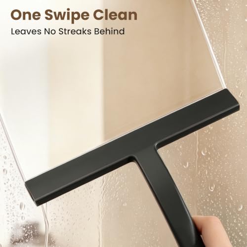 Image of 10 Inch Silicone Shower Squeegee for Glass Doors, Streak-Free, Black | No-Squeak Silicone Blade, Ergonomic Round Grip and Built-In Hook for Quick Daily Cleaning of Shower Glass, Tile and Windows