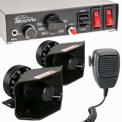 BooYu 9 Tone 12V 400W Warning Emergency Police Siren PA System for Firefighter Ambulance Vehicles Truck Car SUV [180° Loud Speaker][Handheld Microphone][125-135dB][2 x 10A Switches]