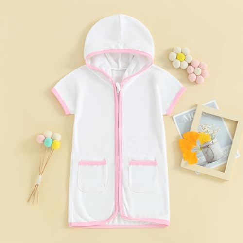 Image of Girls Boys Terry Cloth Swim Cover Up Zip Up Hooded Bathing Suit Coverup Wraps Kids Pool Beach Robe Cover-Up Kimono
