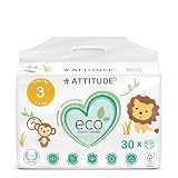 ATTITUDE Natural Diapers, Non-Toxic, Eco-Friendly, Safe for Sensitive Skin, Chlorine-Free, Leak-Free & Biodegradable Baby Diapers, Plain White (Unprinted), Size 3 (9-20 lbs), 30 Count (16230)