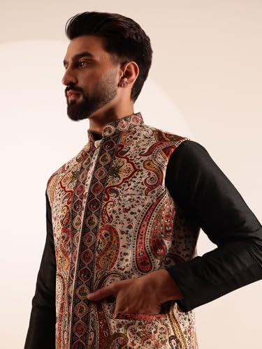 Image of SOJANYA Men's Silk Blend Black Kurta and Pyjama With Paisley Design Velvet Nehru Jacket