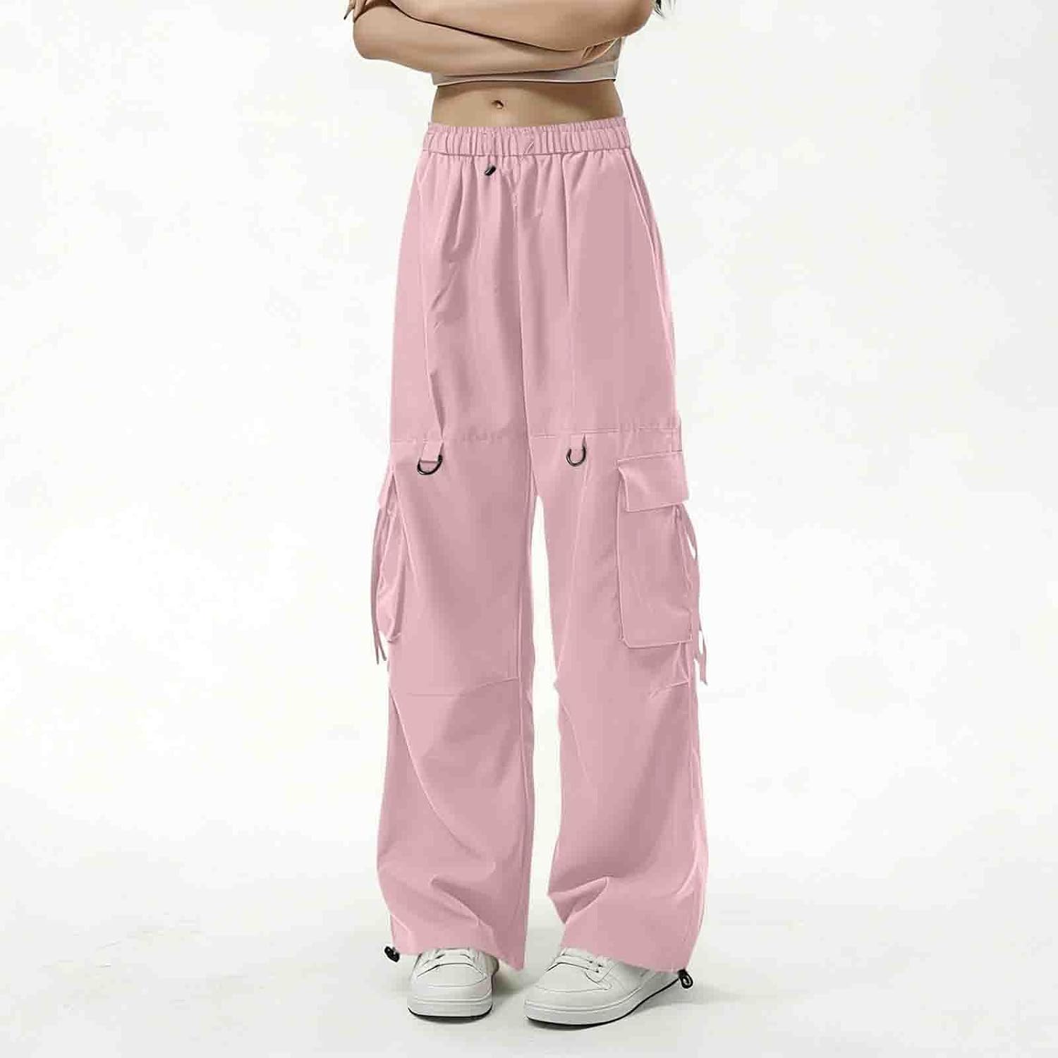 Womens Wide Leg Cargo Palazzo Pants High Waisted Drawstring Loose Fit Casual Lounge Trousers with Pockets