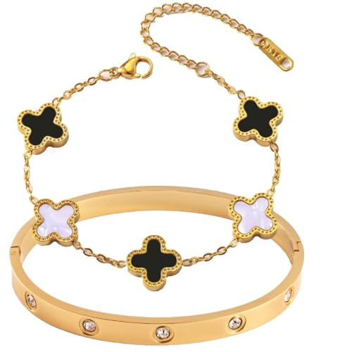 Niarezom 18K Gold Plated Four Leaf Clover Bracelet Bangle Set for Women Stack Bracelets Bangle for Love Trendy Jewelry Gifts for Women ((White+Gold)-7in)