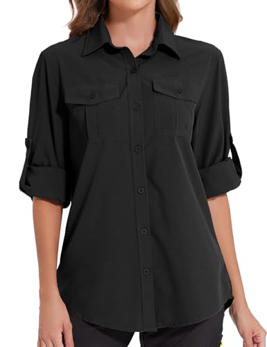 Tuopuda Hemdbluse Damen UV Shirt UPF50+ UV Schutz Safari Kleidung Wanderbluse Outdoor Cooling Sonnenschutz Langarm Luftiges Hemd Tops Sport Oberteile Atmungsaktiv, Schwarz, XL