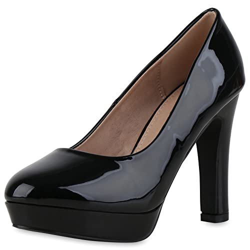VAN HILL Damen Klassische Pumps Stiletto Schuhe Plateau Vorne Absatzschuhe Elegante Lack Abendschuhe 210696 Schwarz Lack 38