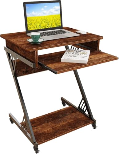 コンパクトデスク キャスター付き モバイルデスク Z型フレーム 木目調 3段 59.8x29.8x75cm (ブラウン)