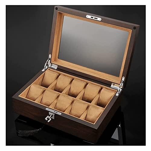 Caja de Reloj Rollo de Reloj Caja de Reloj de Madera Maciza Caja de joyería de Madera con 10 Ranuras con Llave y Tapa de Vidrio Organizador de Almacenamiento de Joyas Caja de exhibición Caja de Reloj