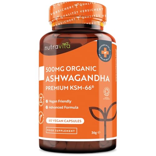 Nutravita Organic Ashwagandha KSM-66® with 5% Withanolides - Vegan Friendly with The Highest Concentration Most Bioavailable Full-Spectrum Root Powder for Immune Support - Made in The UK