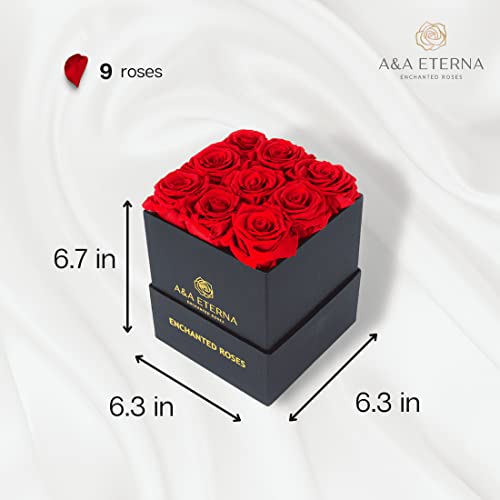 A&A Eterna - Enchanted Roses 9 Red Roses Preserved In A Black Square Box - 100% Real Rose For Her - Extra Large Red Roses Elegantly Arranged In A Chic Box #TOP2