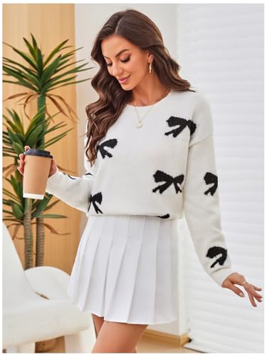Image of RoseSeek Women's 3D Floral Appliques Crewneck Sweaters Long Sleeve Drop Shoulder Pullovers Elegant Knit Tops