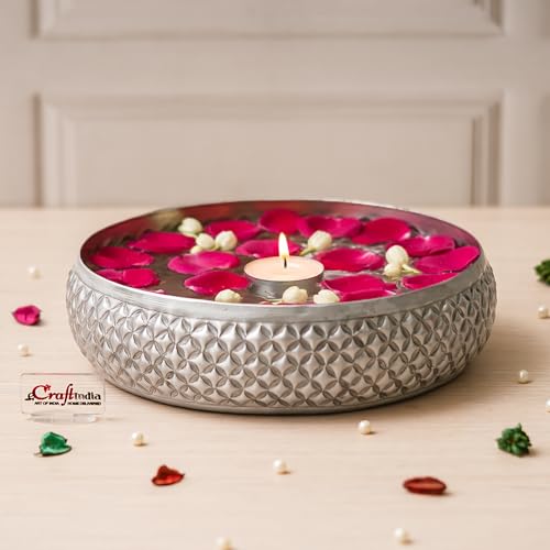 Image of eCraftIndia Floral Silver Metal Urli Bowl for Home Decoration Office Tv Unit Kitchen Showpiece for Good Luck | Urli for Floating Candles Flowers for Pooja Room Entryway Living Room Diwali Gift
