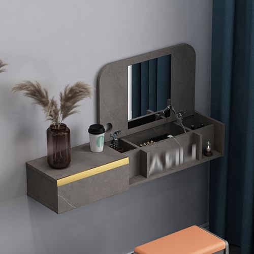 Escritorio flotante de tocador, Mesa de maquillaje flotante para baño, Mesa de tocador flotante suspendida con plegado, para estudio, dormitorio o sala de estar, Espacios pequeños(Dark gray-820-r)