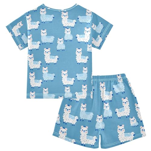 ALAZA Alpaca Llama Blue Pajamas Set Short Sleeve Cotton Sleepwear Summer Pjs 2 Piece 5-14Y2