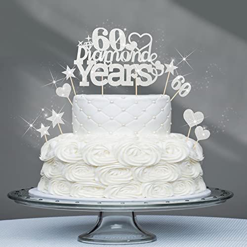 21 Stück 60. Hochzeitstag Kuchendeckel Diamond Years Kuchen Topper 60. Geburtstag Hochzeit Jahrestag Tortenstecker Party Deko Silber Glitzer Farbe für 60. Paar Jahrestag (60 Diamond Years) Cover