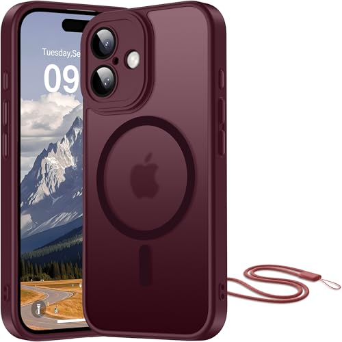 Image of Opkiegrn Magnetic Case for iPhone 15 with Camera Lens Protector + Lanyard, Compatible with Mag safe, Slim Shockproof Military-Grade Drop Protection, Translucent Matte Hard Back Bumper Cover, Burgundy