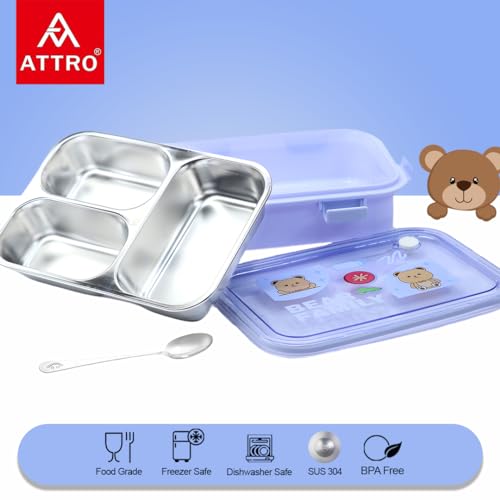 Image of Attro Bento 3 Deluxe Lunch Box with Inner Stainless Steel & Secure Lock Cute Eye Catchy Design Food Grade, Leakproof, Vacuum Seal Design Use for School Kids & Outdoor- 750ml Lavender