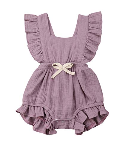 Qiylii Infant Baby Girl Ruffle Sleeve Romper One-Piece Bowknot Cotton Bodysuit Jumpsuit Outfit Clothes (6-12 Months, Light Purple)