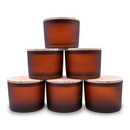 SHOWIN 18 OZ Thick Candle Jars for Making Candles 6 Pcs, Empty Jars with Wood Lids for Candle Making, Sample Container, Frosted Brown