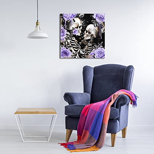Ouelegent Skeleton Couple Wall Art Skull Lovers With Purple Flower Print On Canvas Painting Romantic Gothic Theme Pictures Artwork For Living Room Bedroom Wall Decor Framed Ready To Hang 24"X24" #TOP4