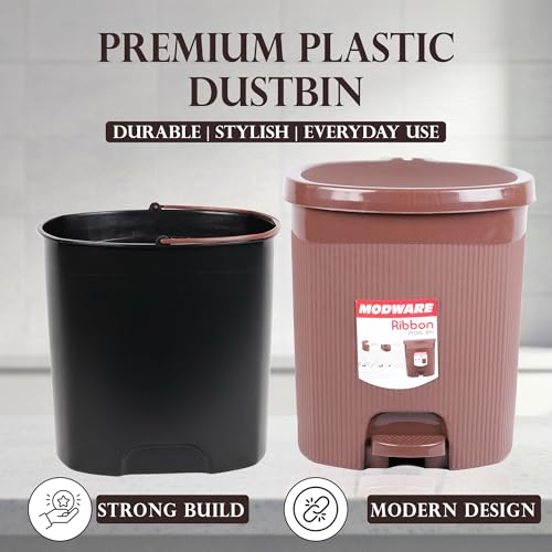 Image of MODWARE Premium Plastic Pedal Dustbin with Removable Bucket, PP Polypropylene, Hands-Free, Grey, for Kitchen, Office, College (Brown)