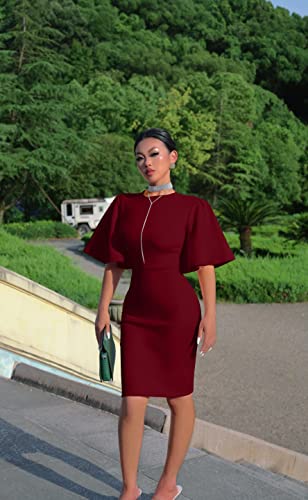 Image of Memoriesea Women's Basic Bodycon Ruffle Flared Short Sleeve Pencil Midi Dress