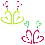 2 Pairs Heart Neon Earrings Acrylic 80s 90s Neon Heart Earrings for Women Retro Colorful Earings 80s Earrings for Women Glow Neon Party Summer and Costume Jewelry Outfits Accessories (Hot Pink, Green)