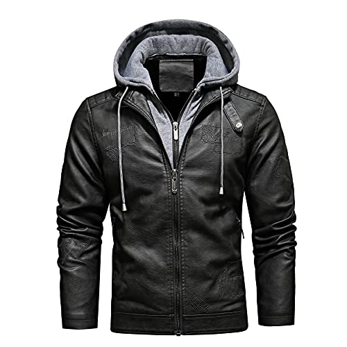 Veste en Cuir pour Homme Aviateur Veste Combinaison de Moto Combinaison de vol Chaude avec Capuche Amovible Blousons (Gris,2XL) Cover
