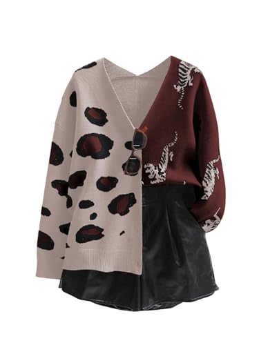 Image of WDIRARA Women's Leopard Tiger Print Cardigan V Neck Long Sleeve Color Block Button Down Sweater Outwear