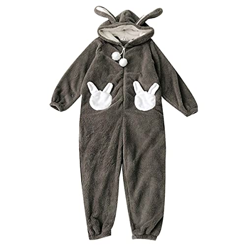 Image of Jilneed Cute Bunny Ears Onesie Pajamas for Women Adult Animal Rabbit Halloween Cosplay Zipper Fleece Cozy One Piece Costume