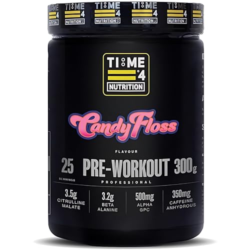 Time 4 Pre Workout Professional High Strength Vegan Pre Workout Powder for Men & Women Energy Drink Zero Sugar with L Citrulline Malate, Beta Alanine, L-Tyrosine, Alpha GPC, Theacrine (Candyfloss)