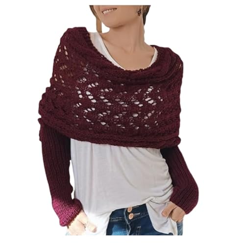 Multifunctional Scarf with Sleeves, Women Knitted Cable Wrap with Sleeves, Crochet Scarf Sweater Wrap (Wine Red, One Size)