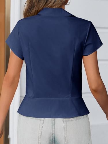 Cicy Bell Womens Slim Fit Button Down Shirts Short Sleeve Pleated Summer Dressy Casual Blouses Navy — view 6