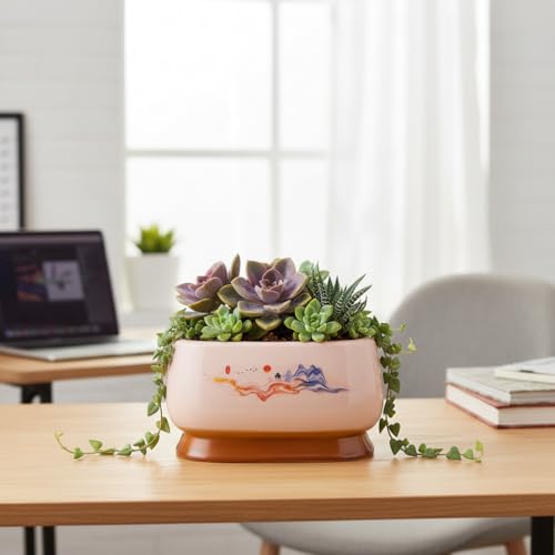 Image of Xtore Refined Artistic Oval Ceramic Planter Pot for Indoor & Outdoor Decor | Minimal Painted Landscape Flower Pot for Living Room, Balcony, Desk & Shelf Styling (19.3 cm x 13 cm) (Planter only)